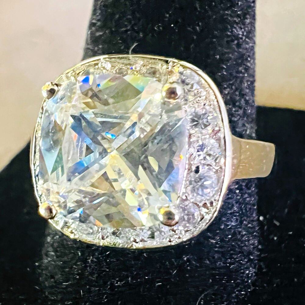 925 Sterling Silver Cushion-Cut Clear Stone Halo Prong Ring Signed Size 9
